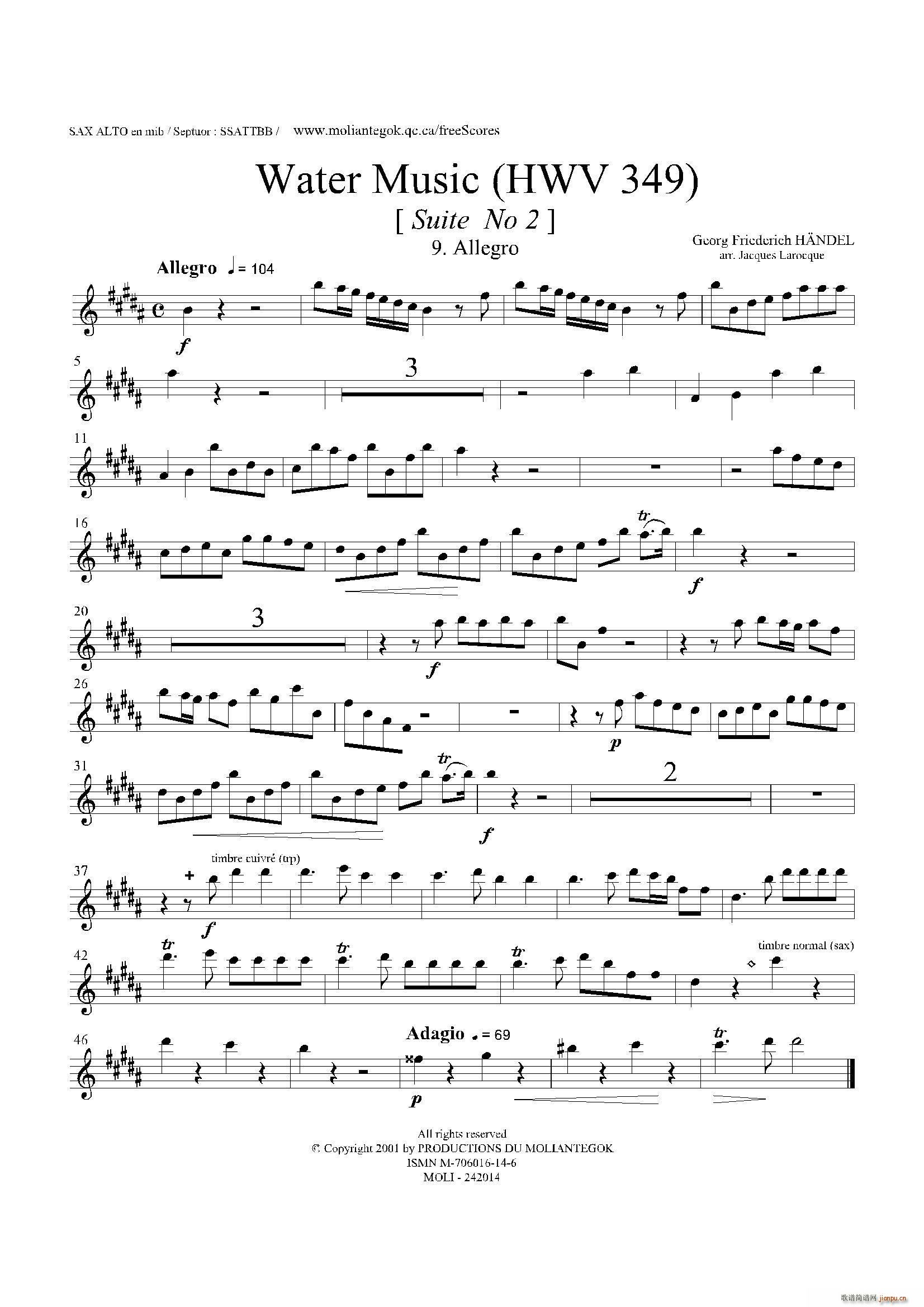 未知 《Water Music（HWV 349 No 2）（中音萨克斯）》简谱