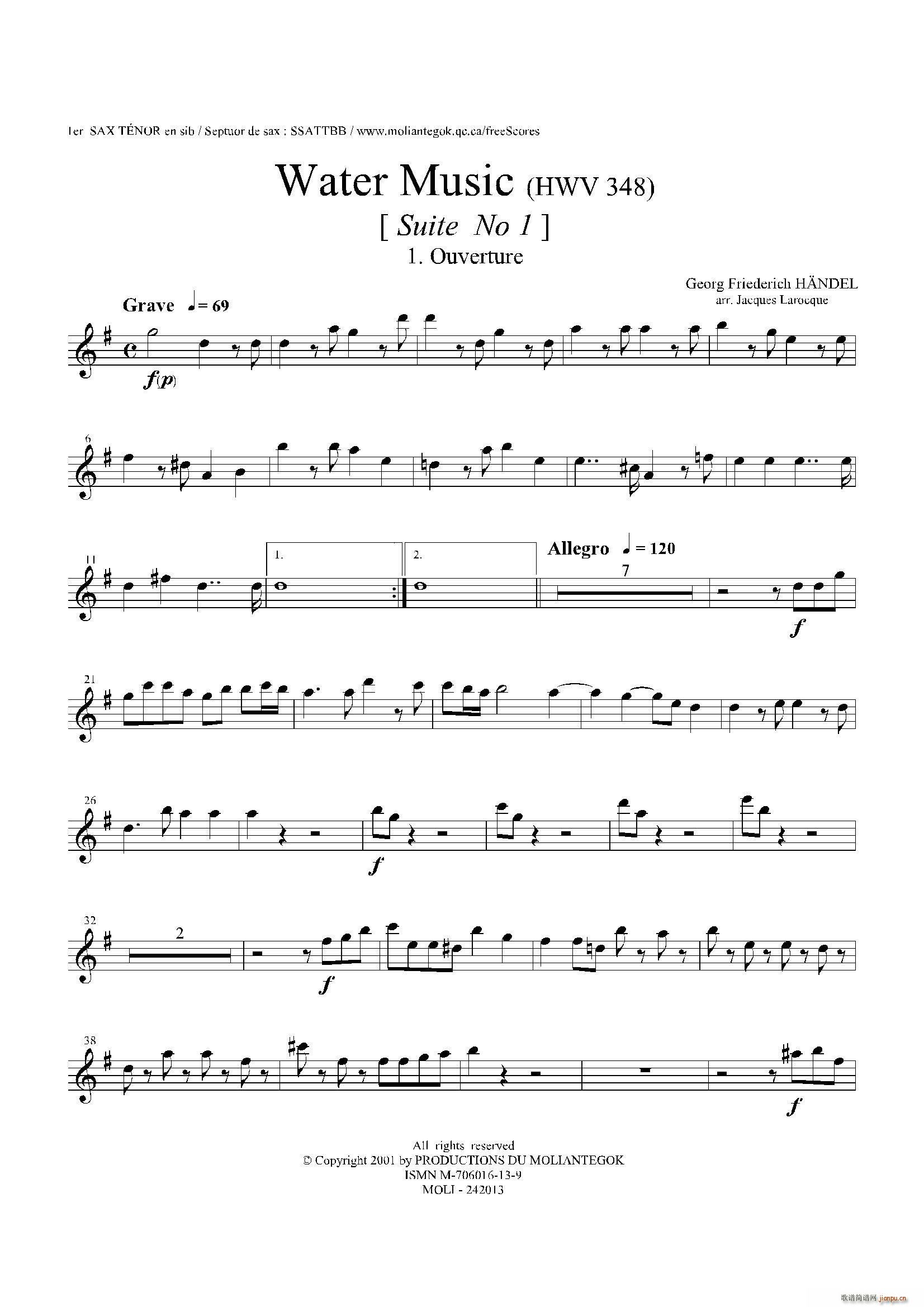 未知 《Water Music（HWV 348 No 1）（第一次中音萨克斯）》简谱