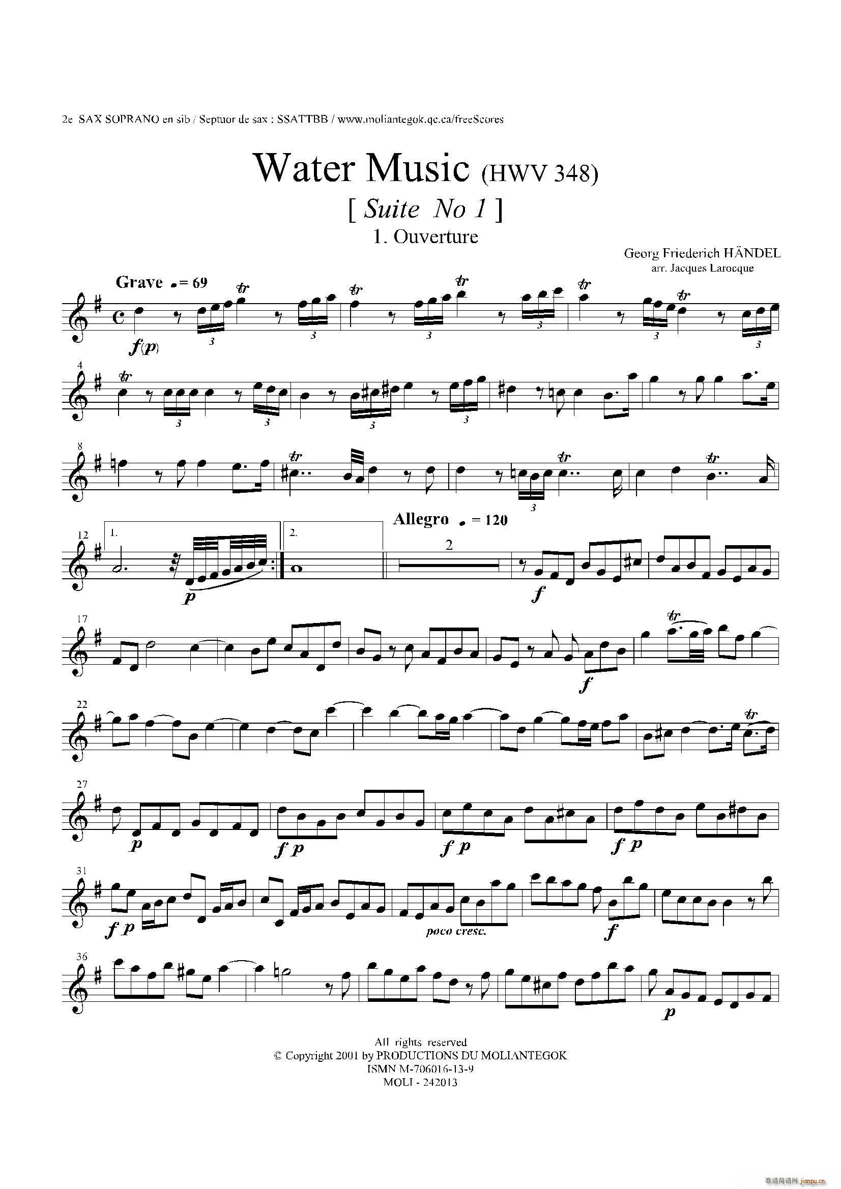 未知 《Water Music（HWV 348 No 1）（第二高音萨克斯）》简谱