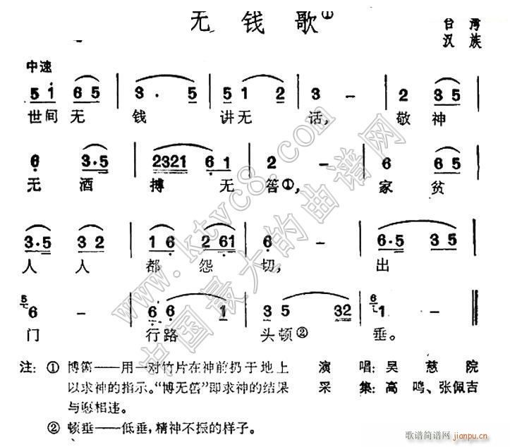 未知 《无钱歌（台湾 民歌）》简谱