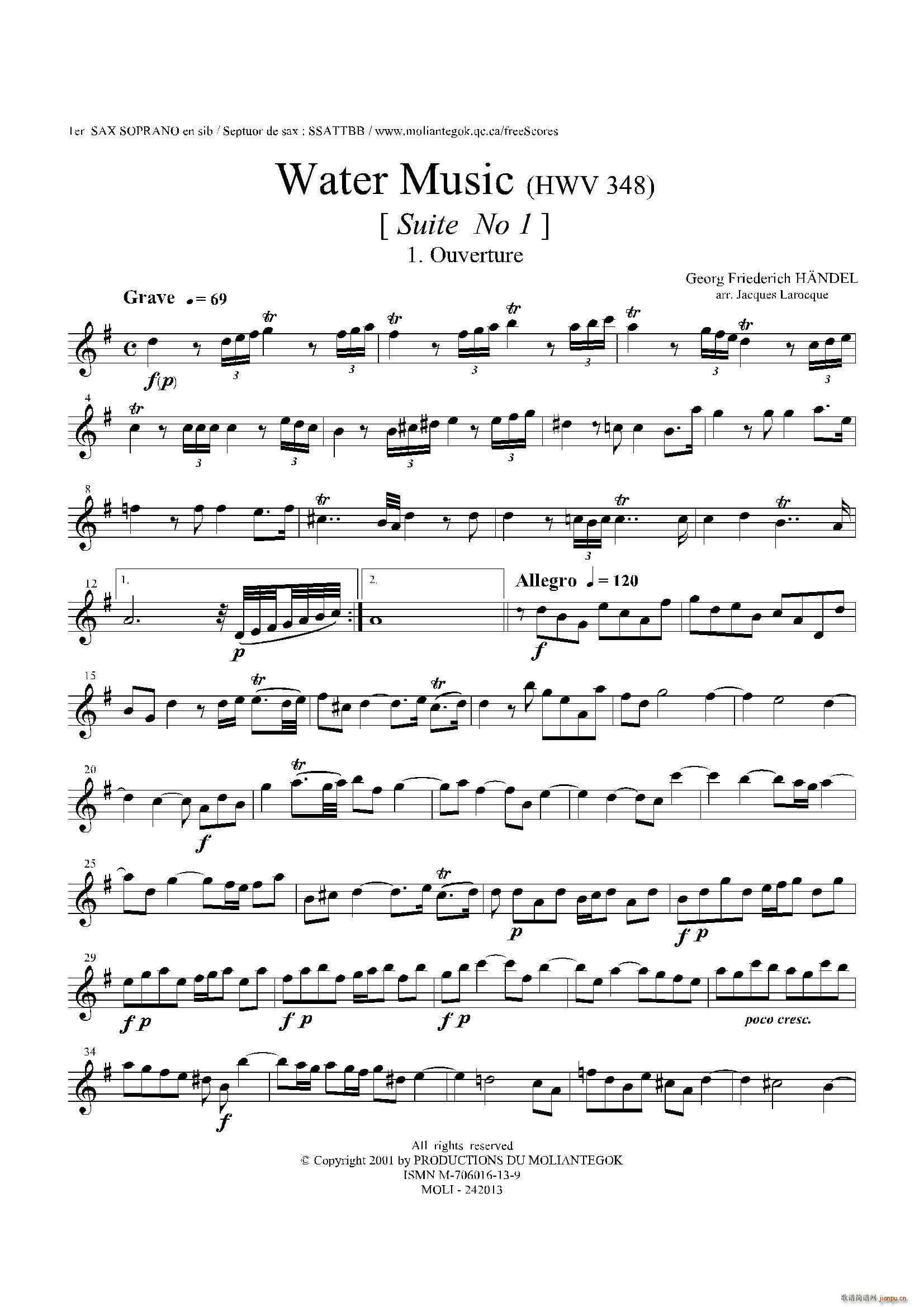 未知 《Water Music（HWV 348 No 1）（第一高音萨克斯）》简谱