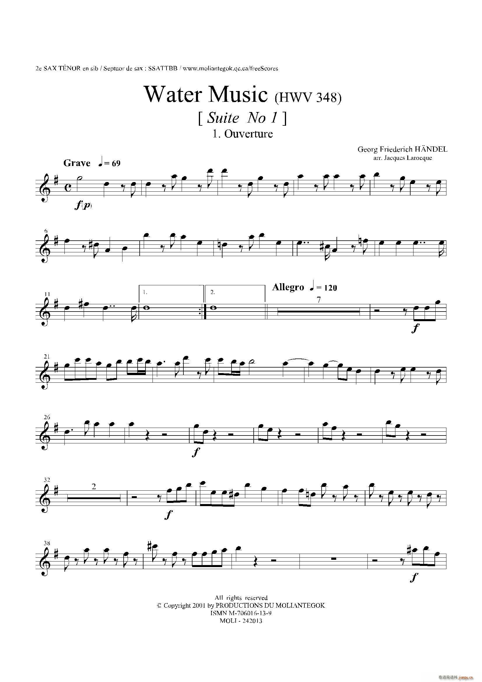 未知 《Water Music（HWV 348 No 1）（第二次中音萨克斯）》简谱