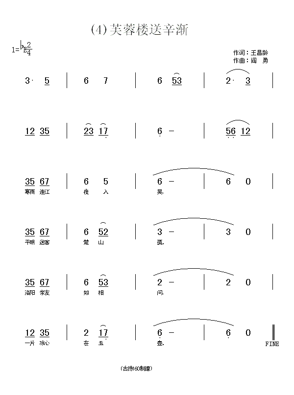 未知 《芙蓉楼送辛渐　(唐)王昌龄》简谱