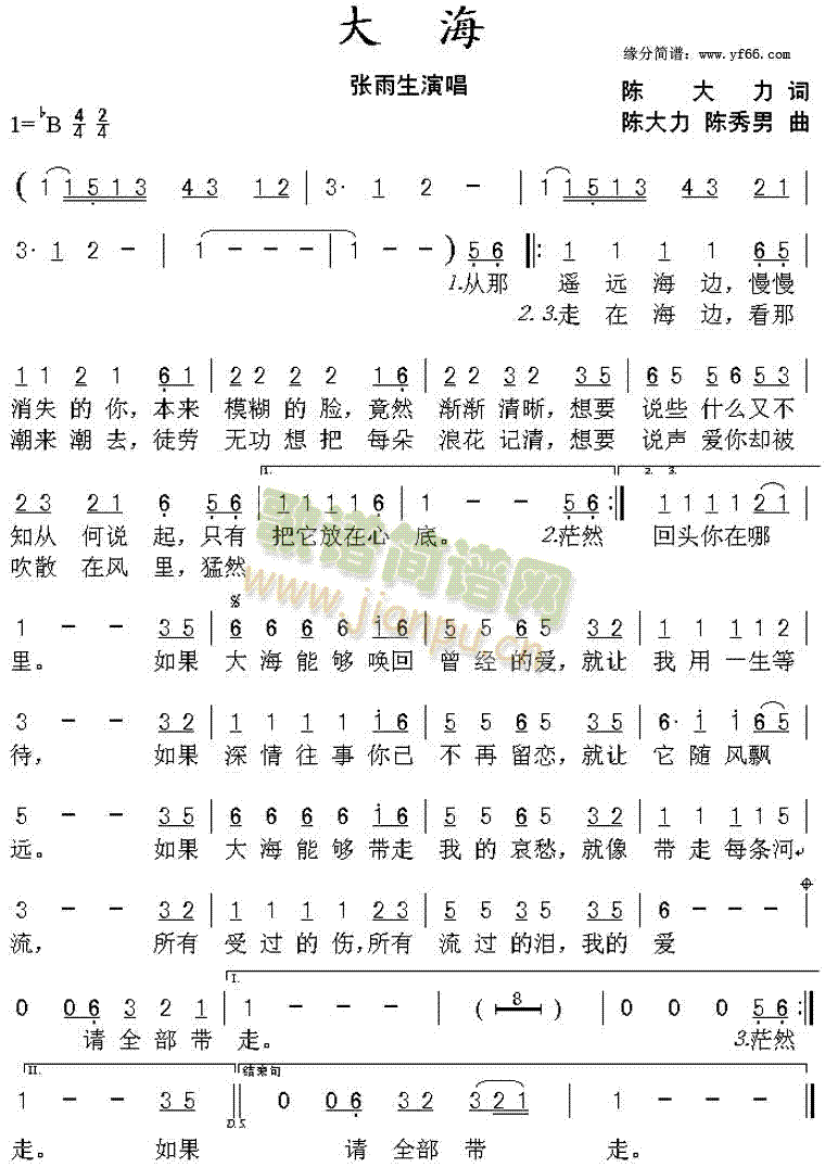 张雨生 《大海》简谱
