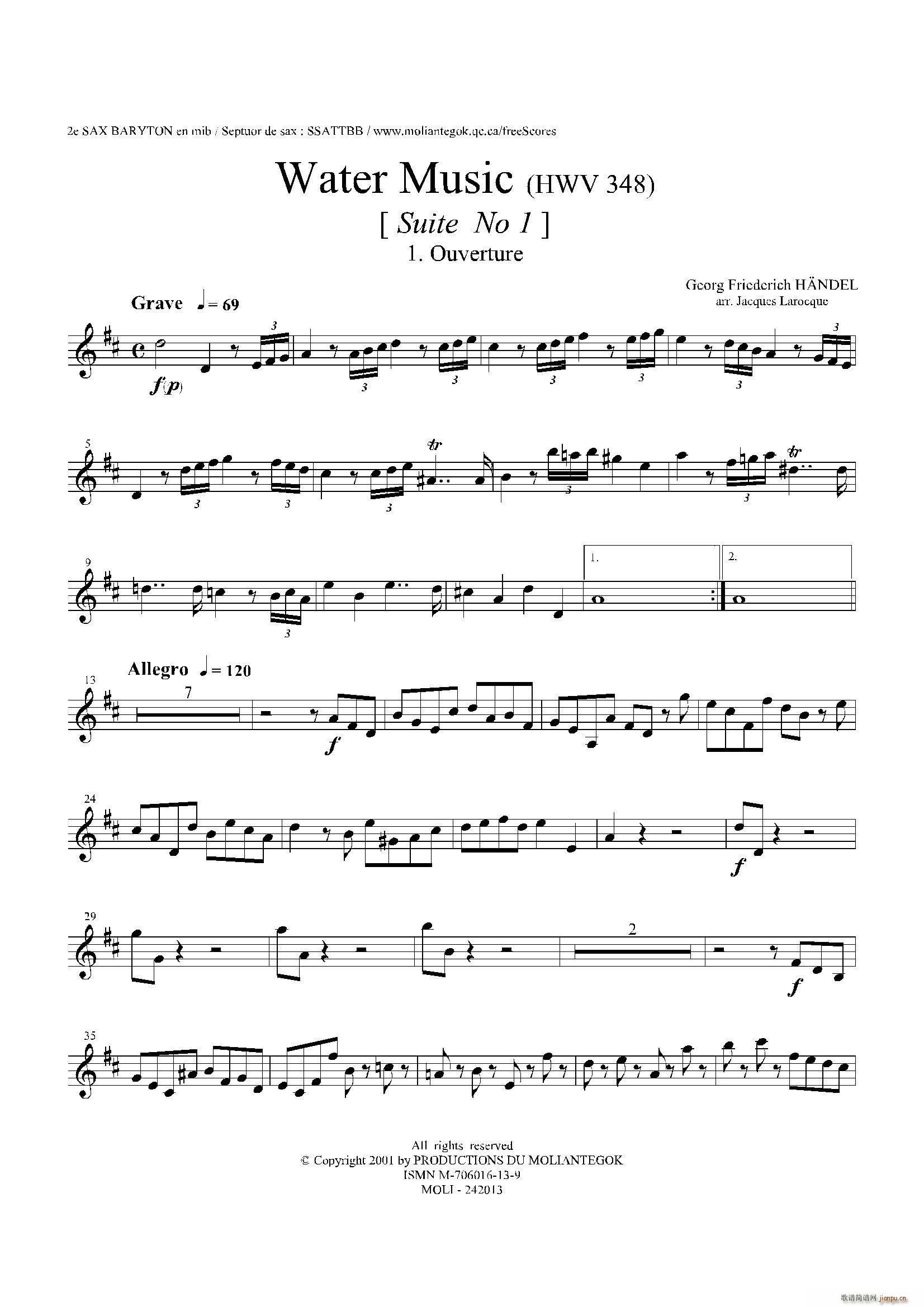 未知 《Water Music（HWV 348 No 1）（第二上低音萨克斯）》简谱