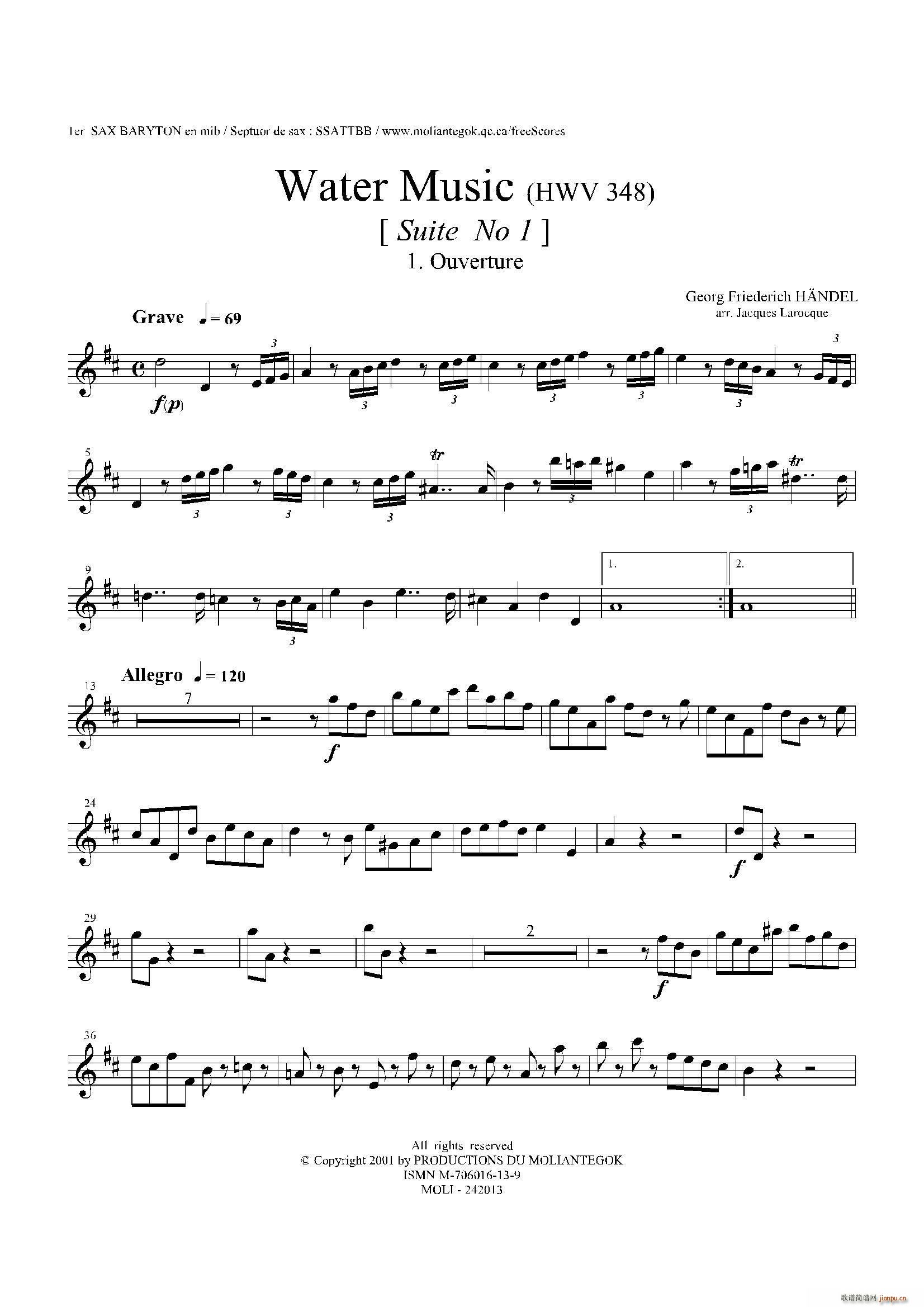 未知 《Water Music（HWV 348 No 1）（第一上低音萨克斯）》简谱