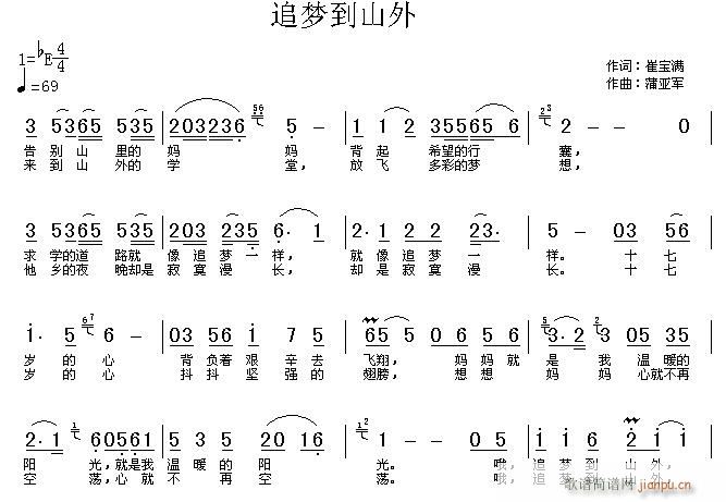 蒲亚军 崔宝满 《追梦到山外》简谱