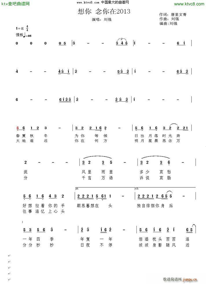 刘强 唐理文清 《想你念你在2013里》简谱