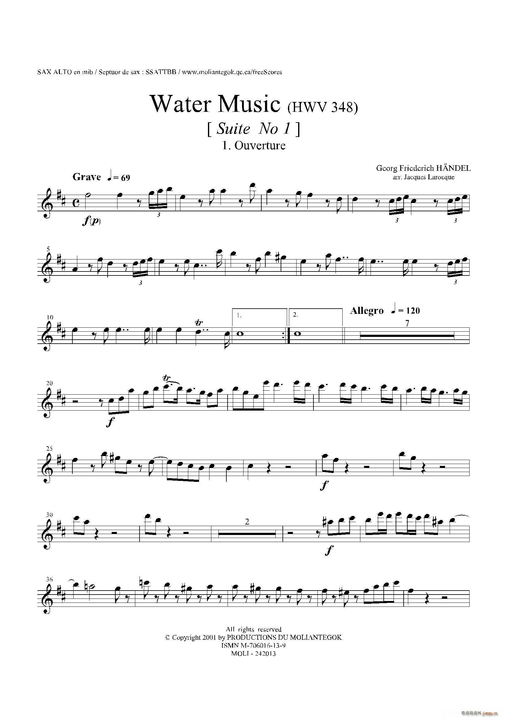 未知 《Water Music（HWV 348 No 1）（中音萨克斯）》简谱