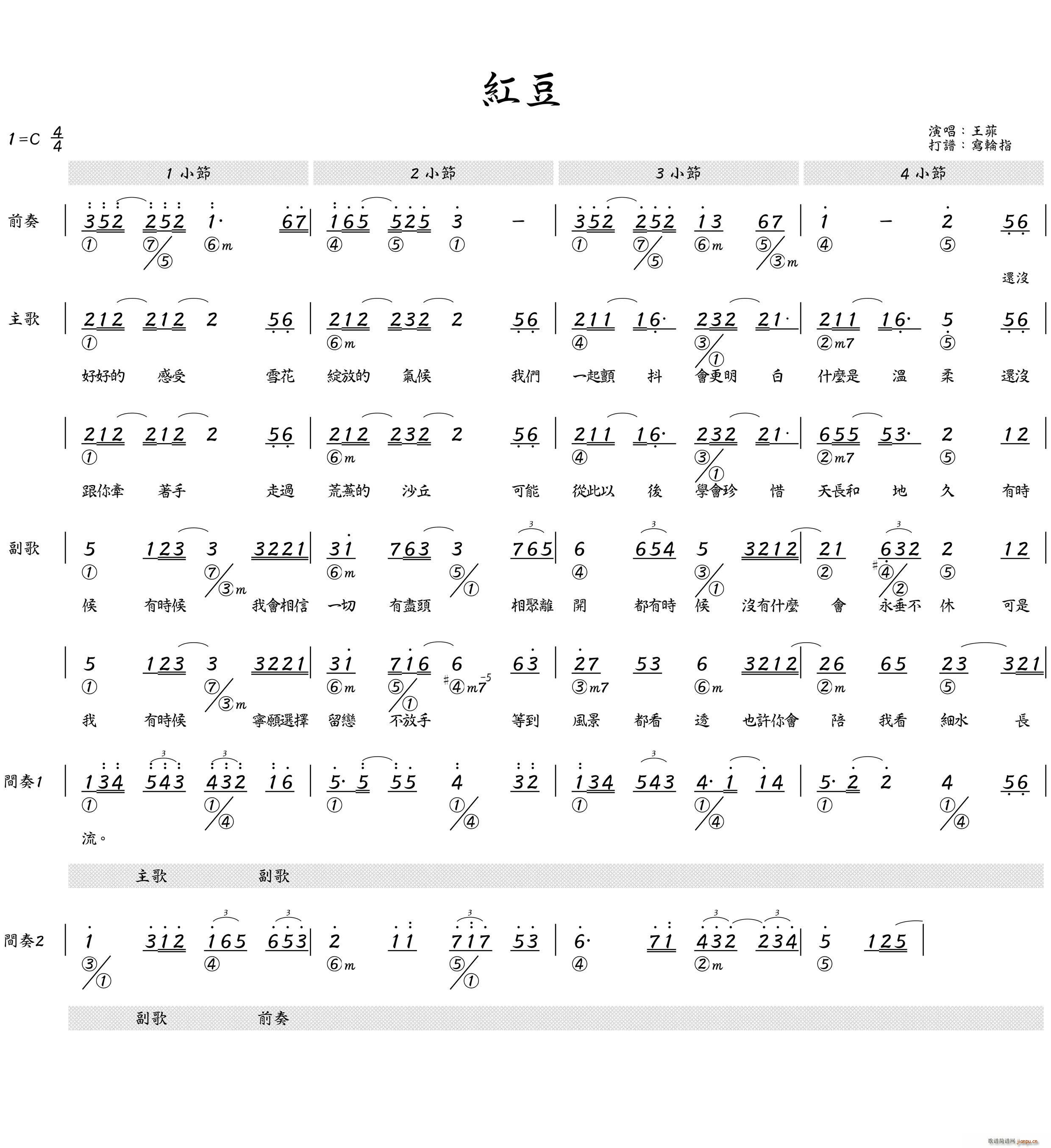 王菲   林夕 《红豆（简和谱）》简谱