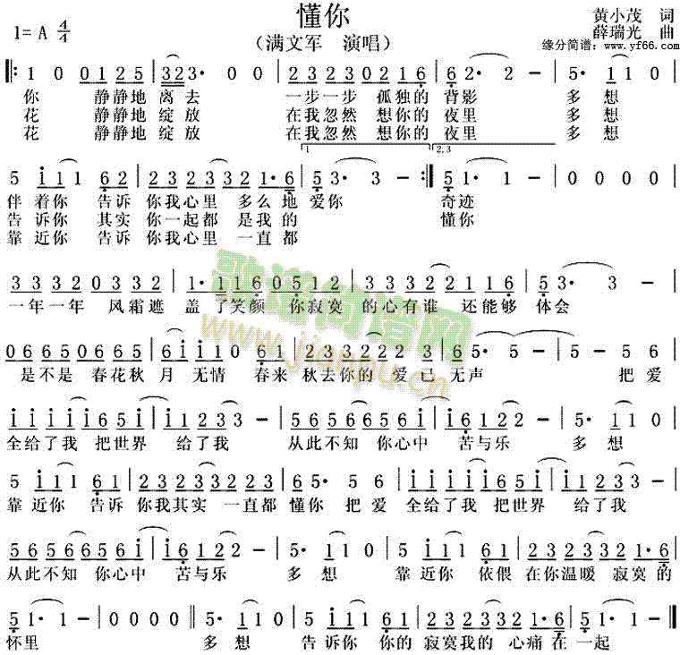 满文军 《懂你》简谱