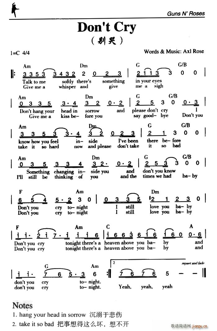 未知 《Don t Cry（别哭）》简谱