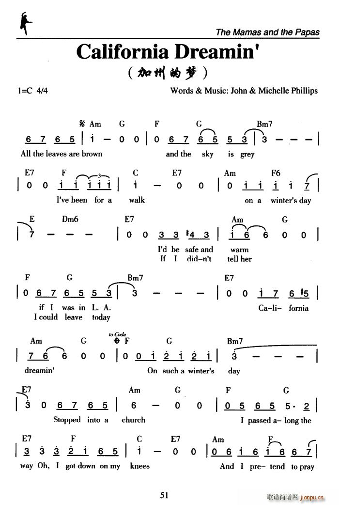 未知 《California Dreamin （加州的梦）》简谱
