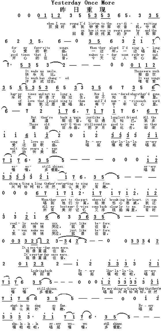 未知 《Yesterday Once More－－昨日重现》简谱