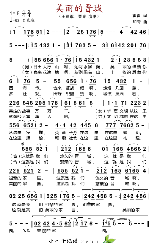 王建军栗桌 《美丽的晋城》简谱