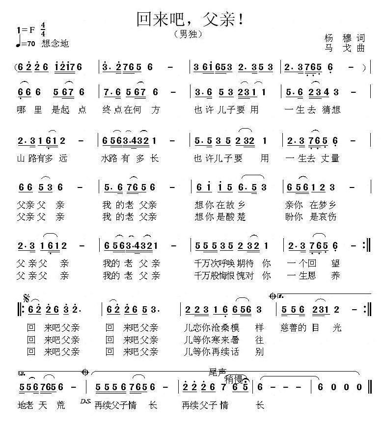 未知 《回来吧，父亲！》简谱