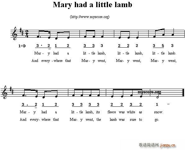 未知 《Mary had a little lamb（线混排版、英文儿歌）》简谱