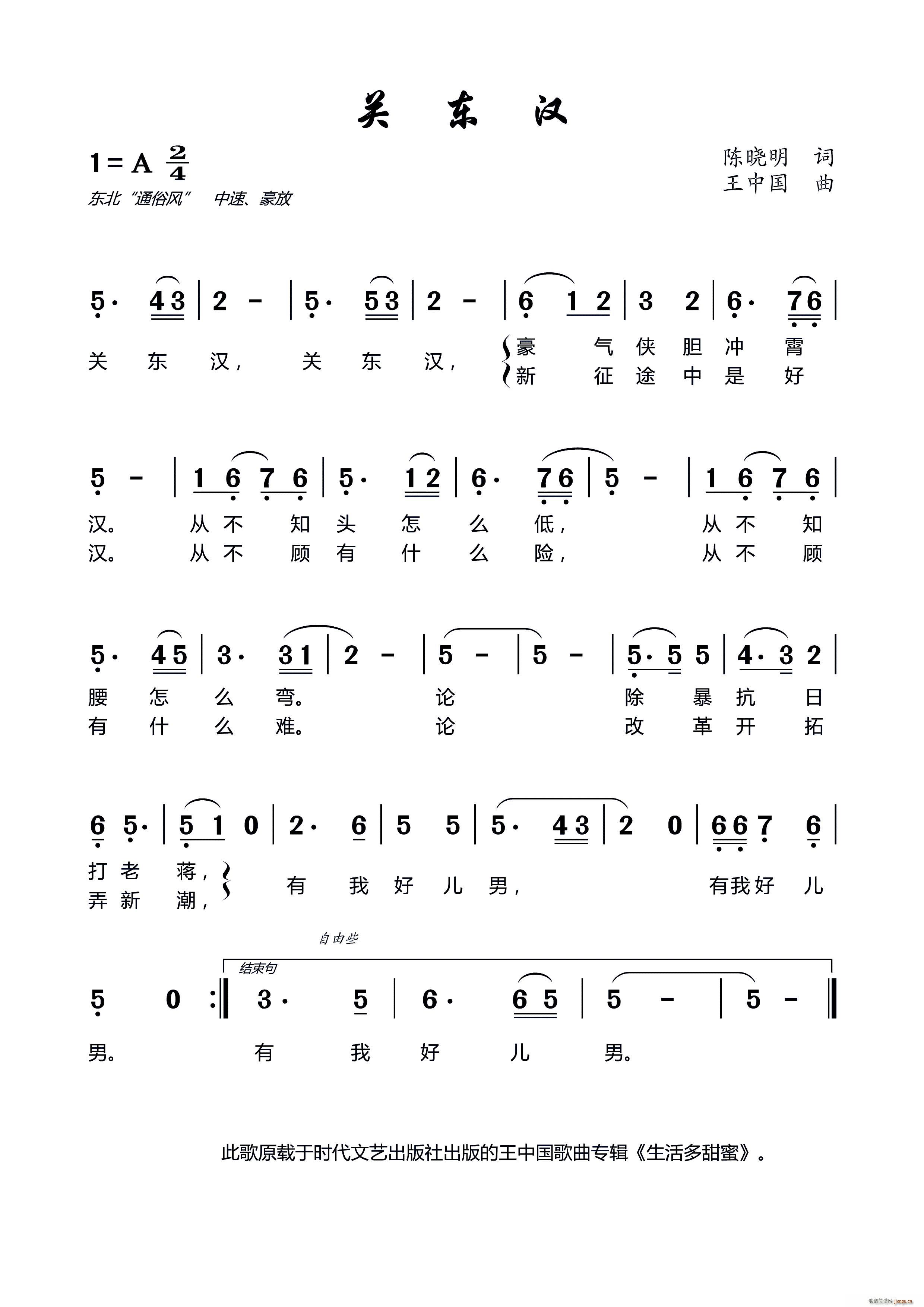 陈晓明 《关东汉》简谱