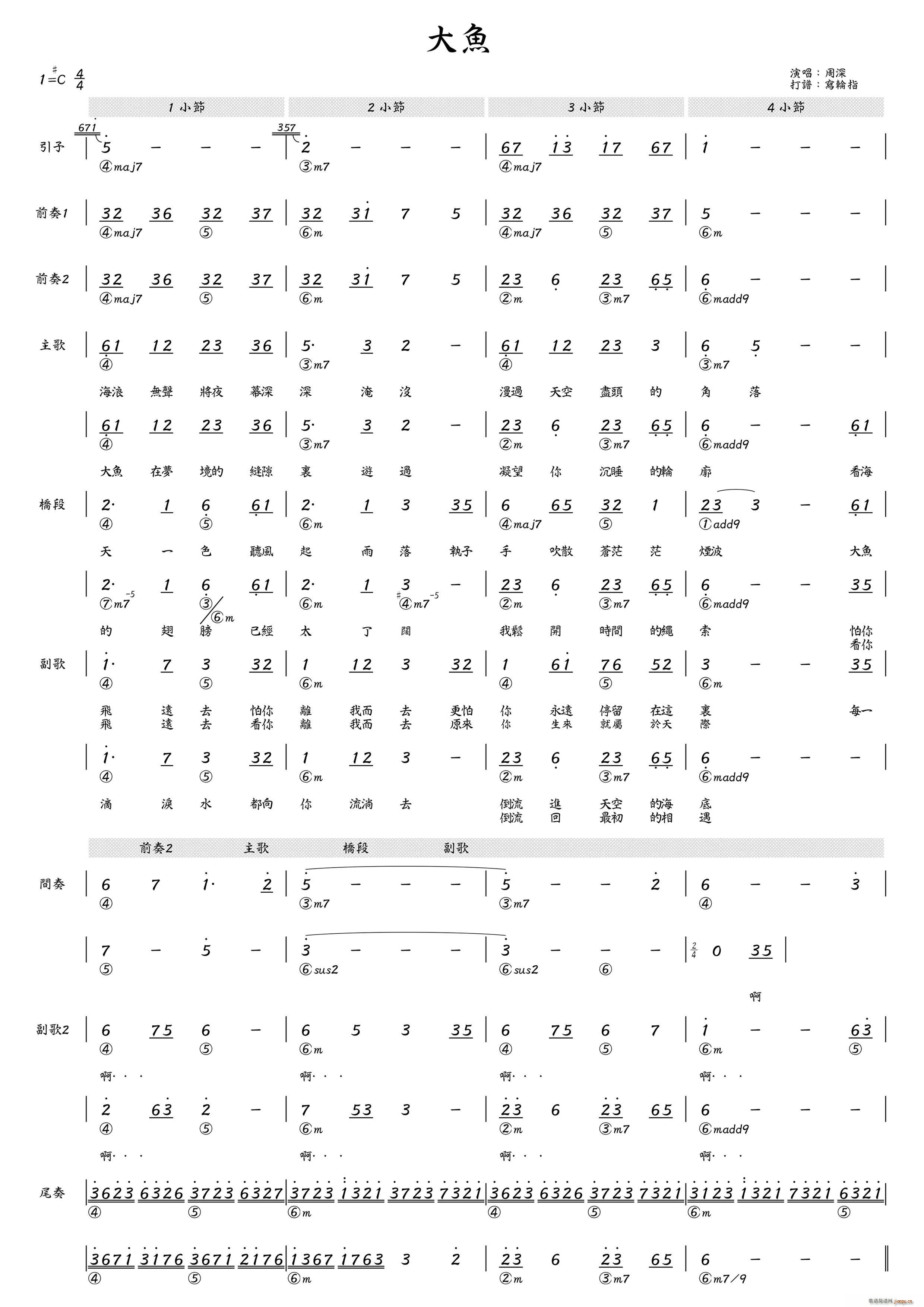 周深   尹约 《大鱼（简和谱）》简谱