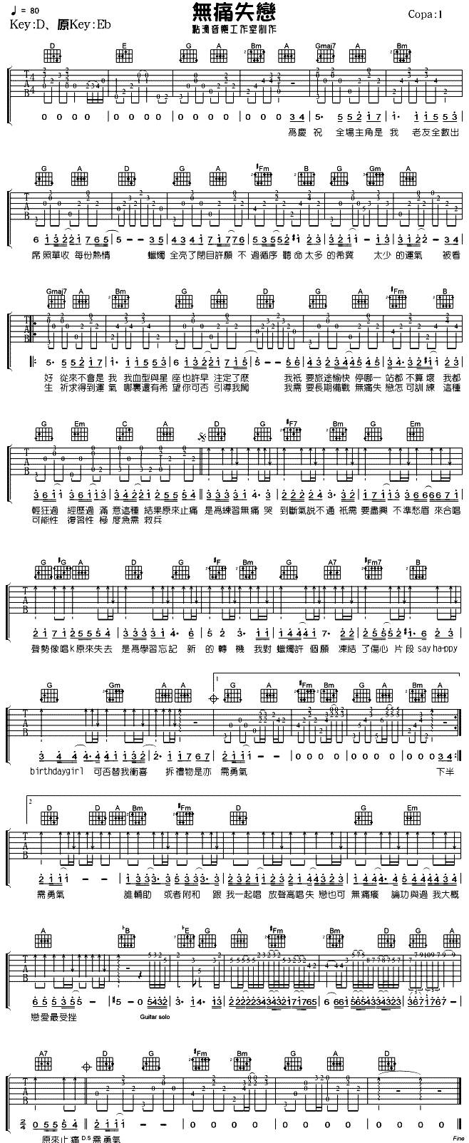 未知 《无痛失恋》简谱