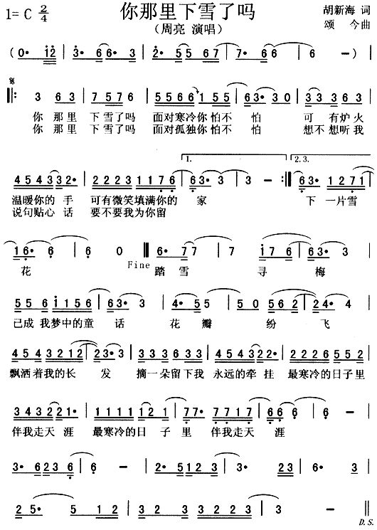 未知 《你那里下雪了吗》简谱