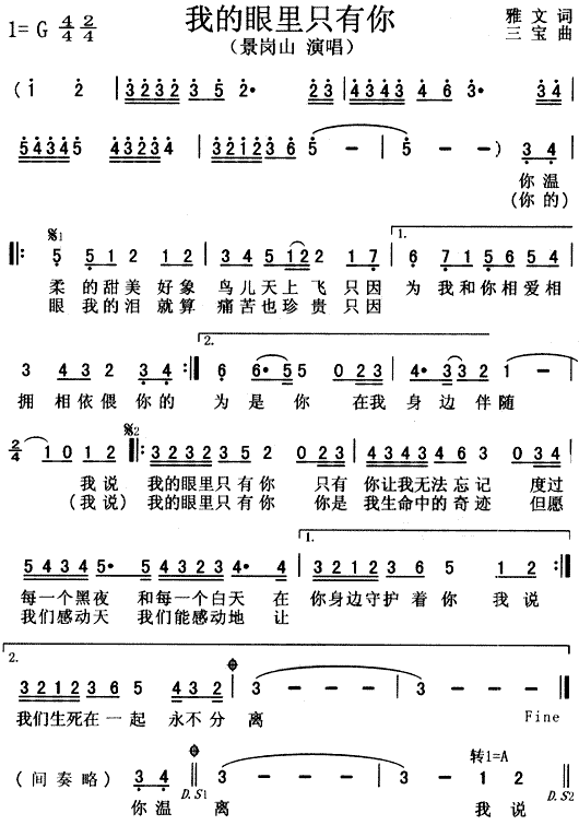 未知 《我的眼里只有你》简谱