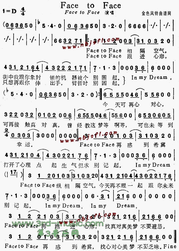 未知 《Face To Face(粤语)[简谱]》简谱