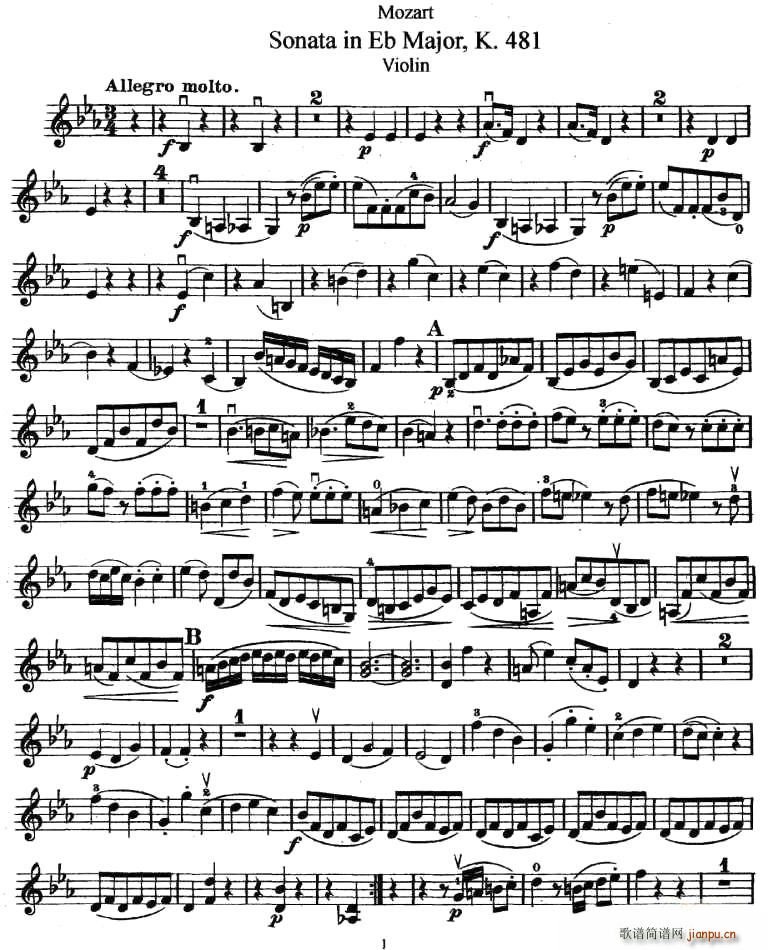 未知 《Sonata in Eb Major K.481》简谱