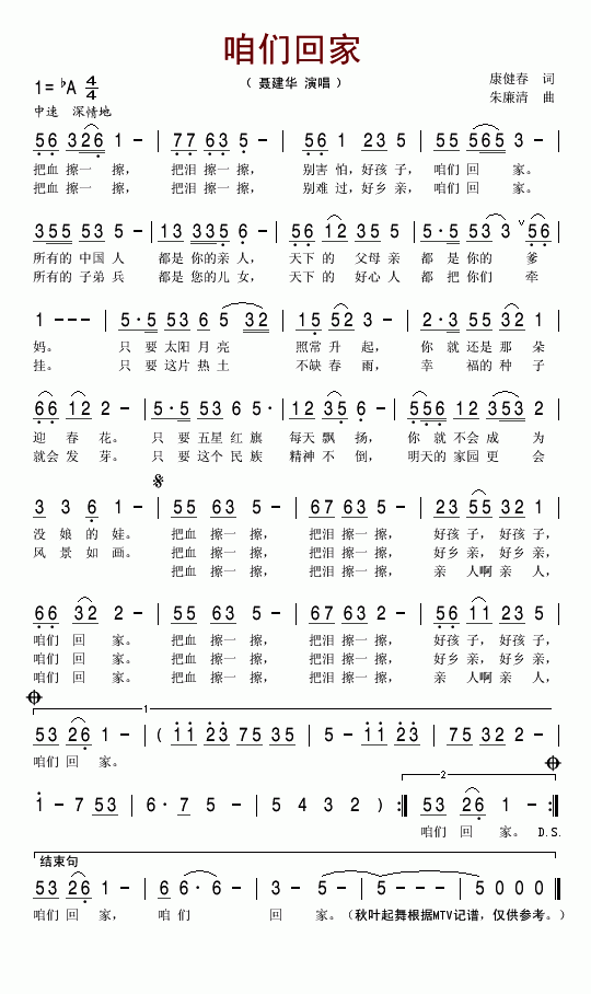 聂建华 《咱们回家》简谱