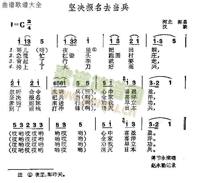 未知 《坚决报名去当兵》简谱