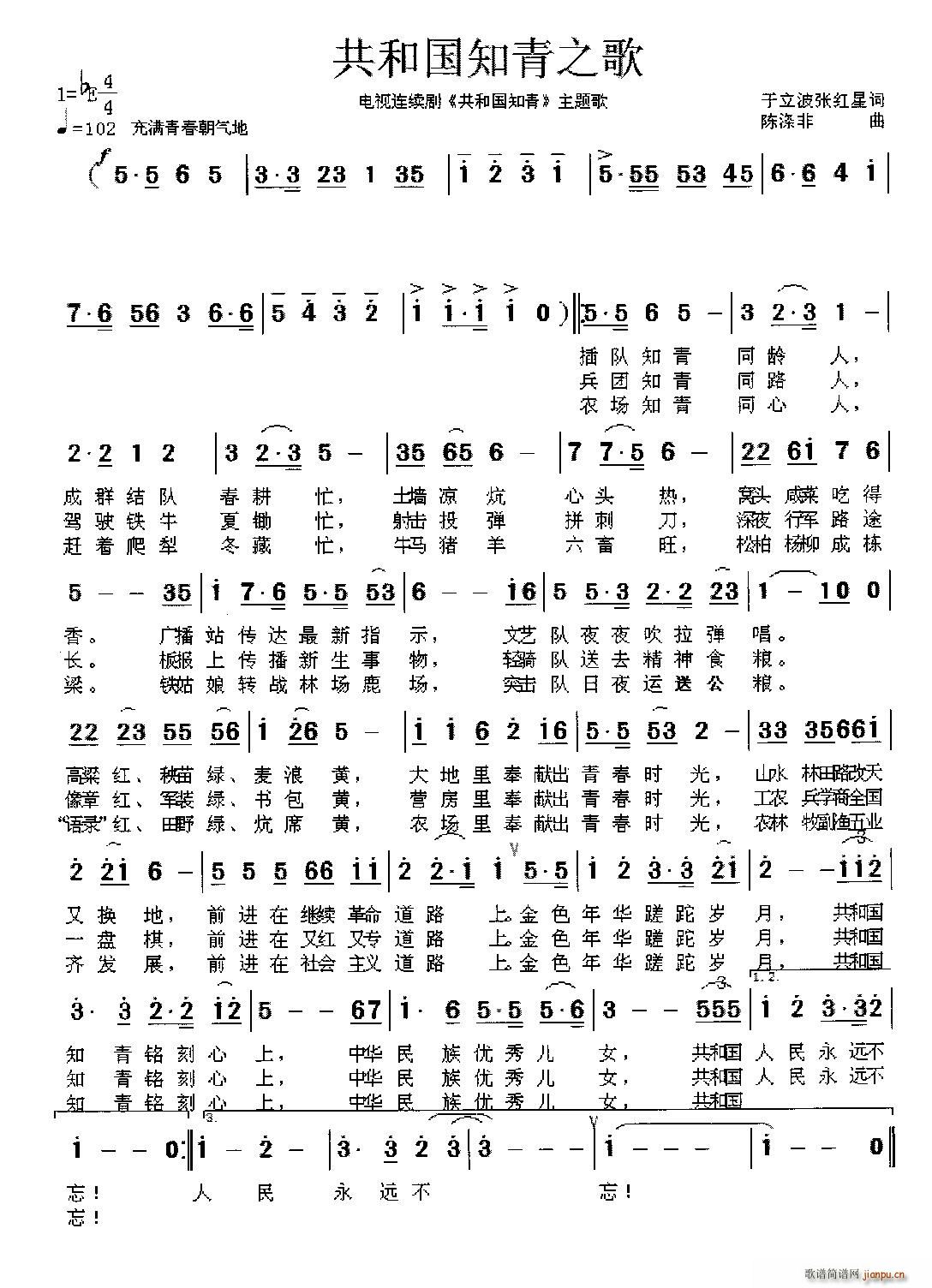 陈涤非 《共和国知青之歌》简谱