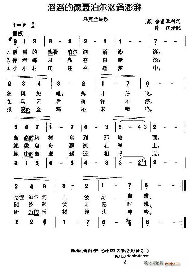 瓦莲金娜 《滔滔的德涅伯尔河汹涌澎湃（前苏联）》简谱