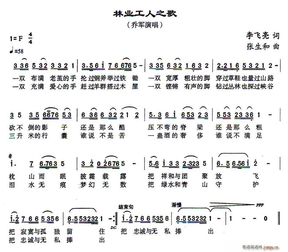 乔军   李飞亮 《林业工人之歌》简谱