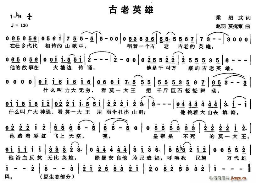 梁邵武 《古老英雄》简谱