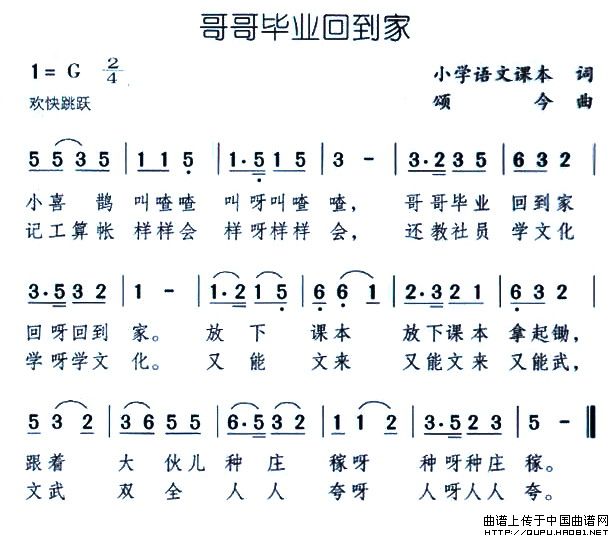 未知 《哥哥毕业回到家》简谱