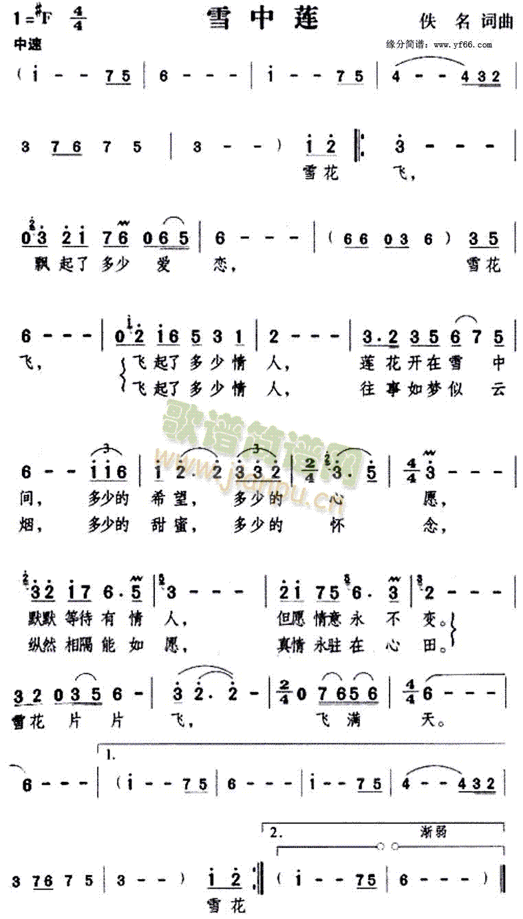 王菲 《雪中莲》简谱