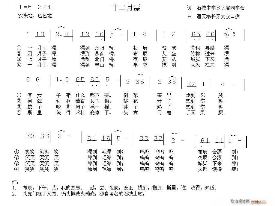 未知 《十二月漂（客家方言歌曲）》简谱