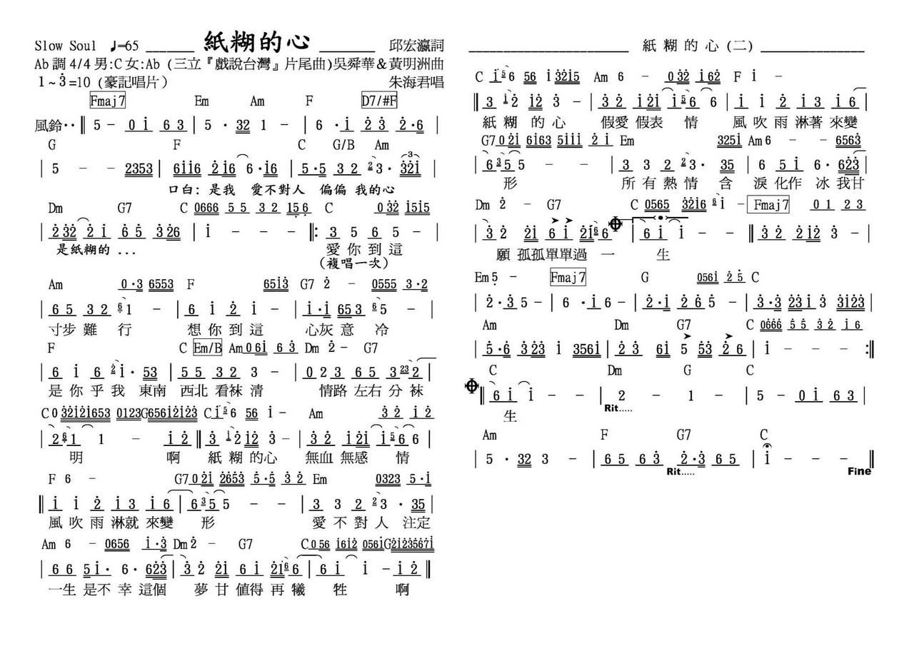 黄明洲 邱宏瀛 《纸糊的心》简谱