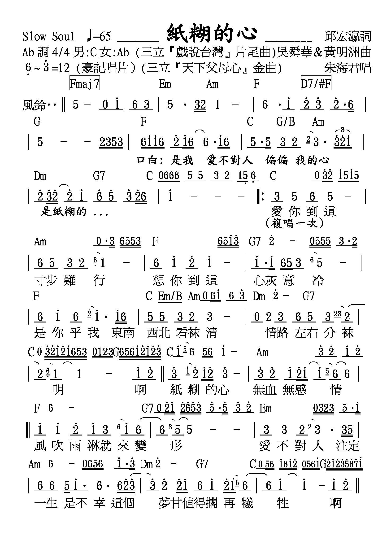 黄明洲 邱宏瀛 《纸糊的心》简谱