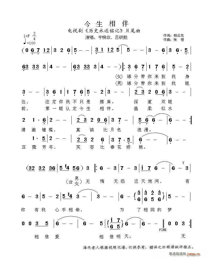 宇桐非 吕研熙   胡云龙 《历史永远铭记》简谱