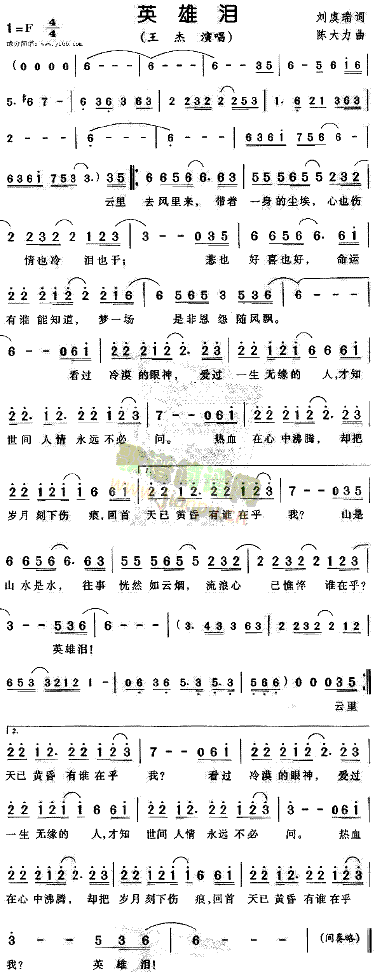 王杰 《英雄泪》简谱