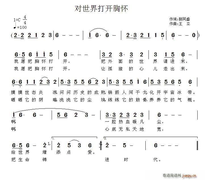 王wangli 郭同盛 《对世界打开胸怀》简谱