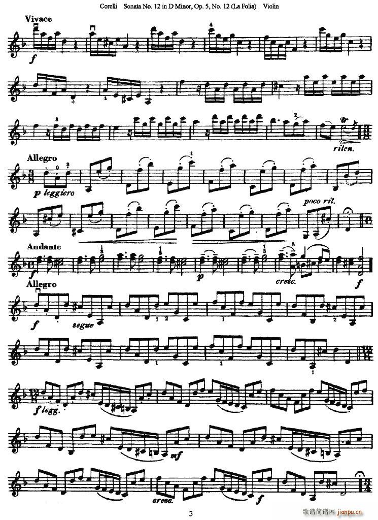 未知 《Sonata No.12 in D Minor》简谱