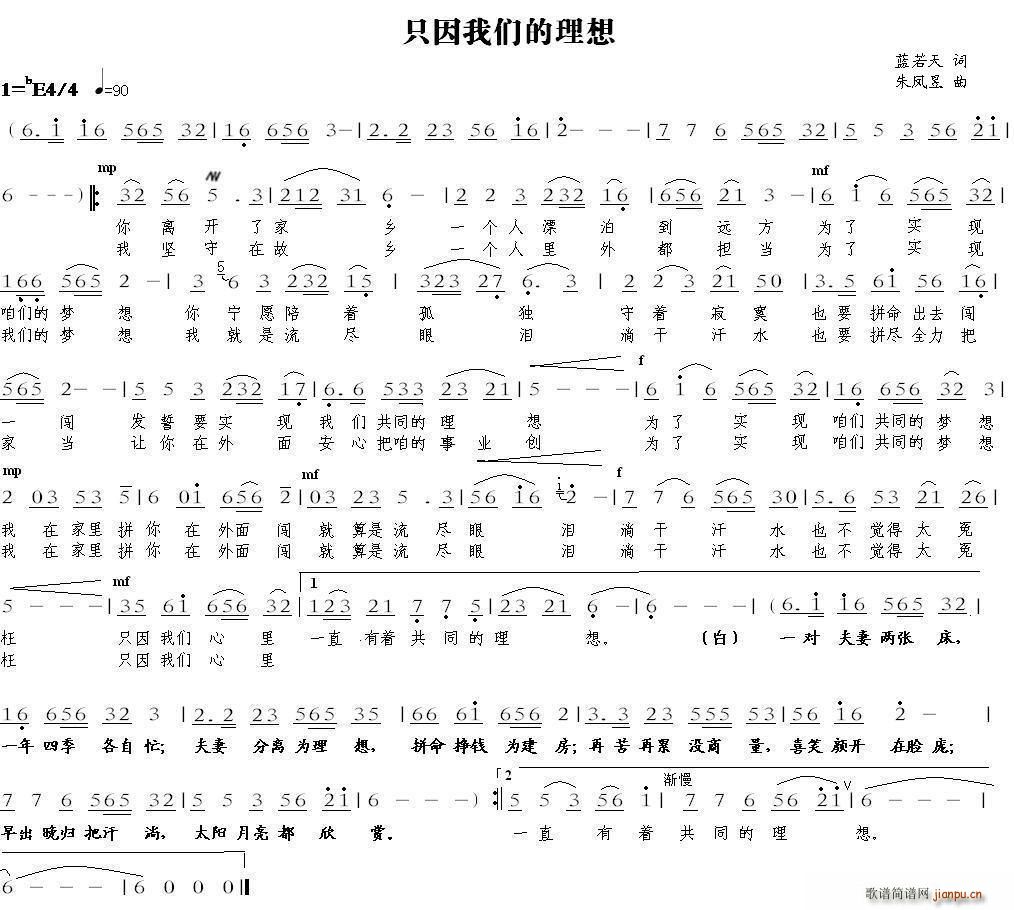 朱凤昱 蓝若天 《只因我们的理想》简谱