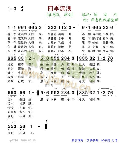 翟惠民 《四季流浪》简谱