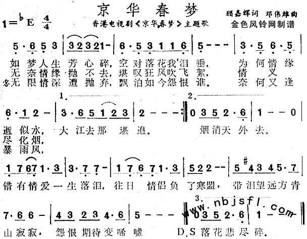 未知 《京华春梦（同名电视剧主题歌、粤语）》简谱