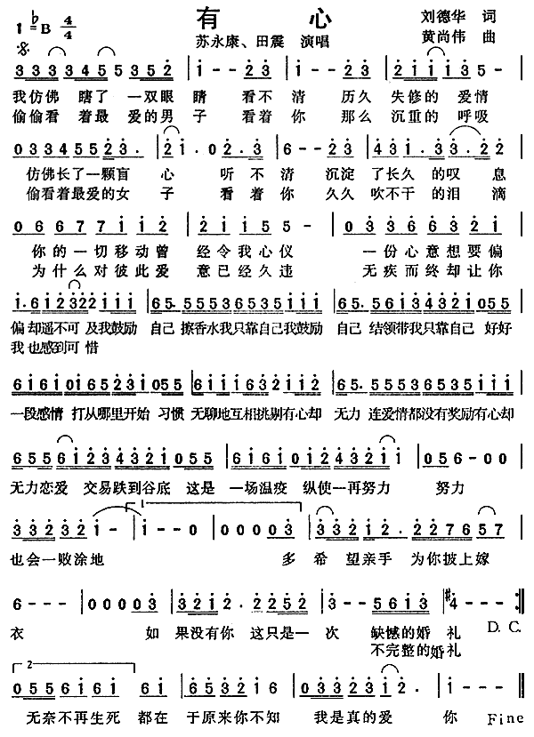 苏永康、田震 《有心》简谱