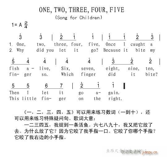 英文儿歌 《ONE,TWO,THREE,FOUR,FIVE》简谱