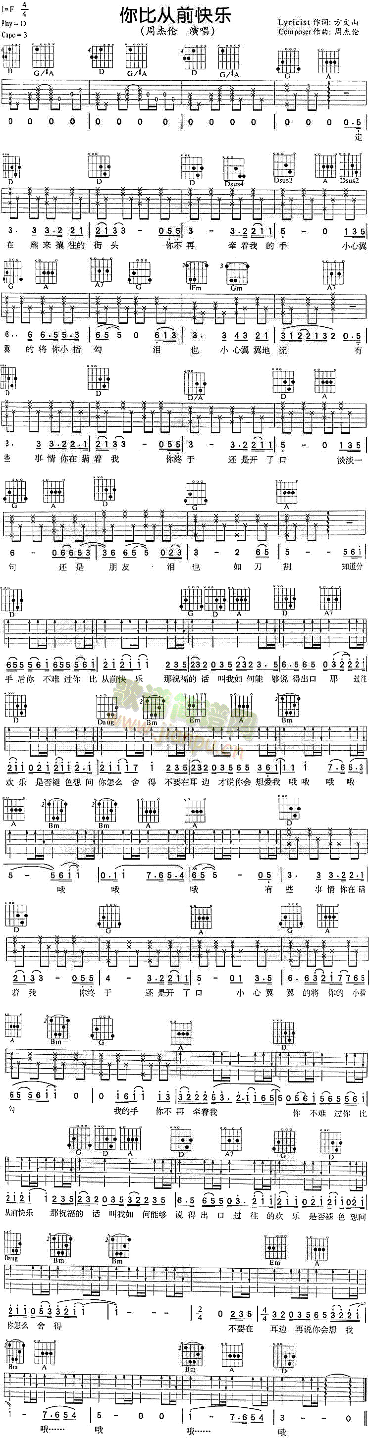 未知 《你比从前快乐》简谱