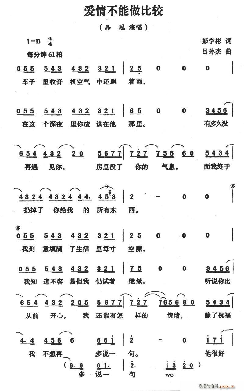 品冠   珠落玉盘 彭学彬 《爱情不能做比较》简谱